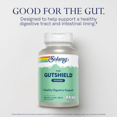Solaray Gutshield Powder bottle label highlights vegan, non-GMO ingredients.
