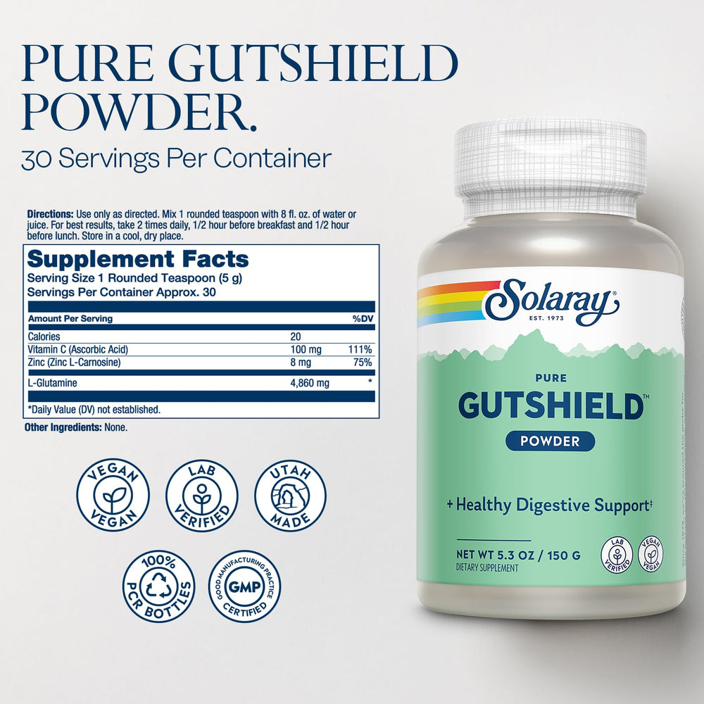 Solaray Gutshield Powder scoop beside bottle for gut health.