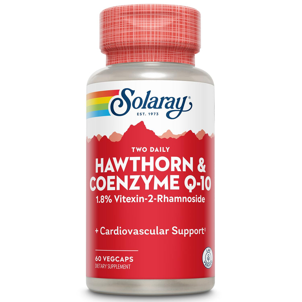 SOLARAY Hawthorn and CoQ10 bottle with veggie cap for daily wellness support.