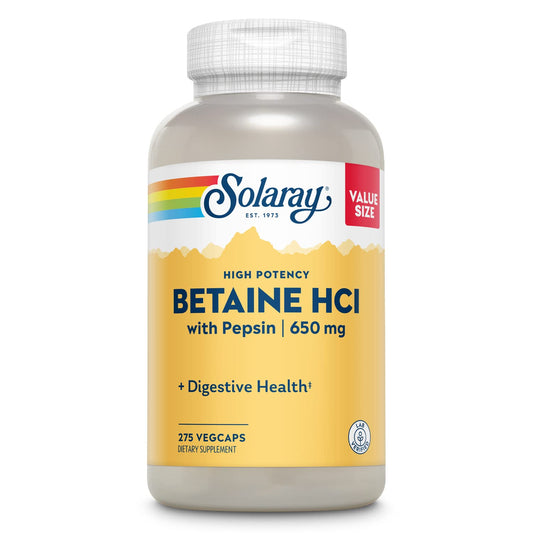 Solaray Betaine HCl with Pepsin bottle for digestive support.