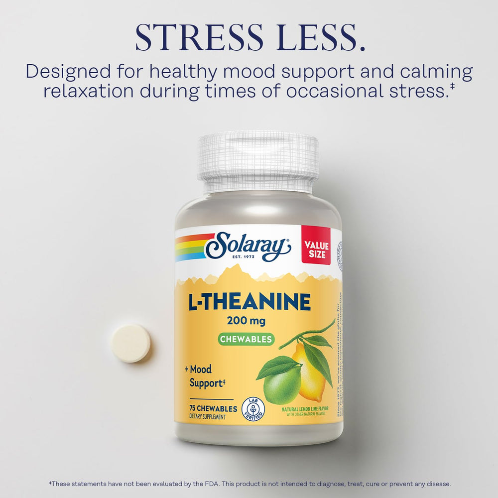 Solaray L-Theanine 200mg bottle label — lab-verified quality and safety.