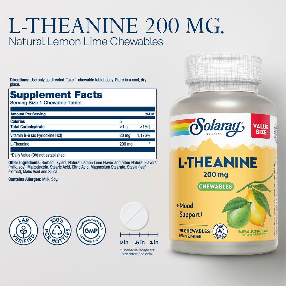 Solaray L-Theanine 200mg chews lemon lime — on-the-go stress support.
