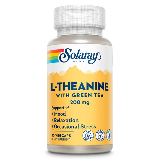 SOLARAY L-Theanine 200mg bottle close-up for calm mood support.