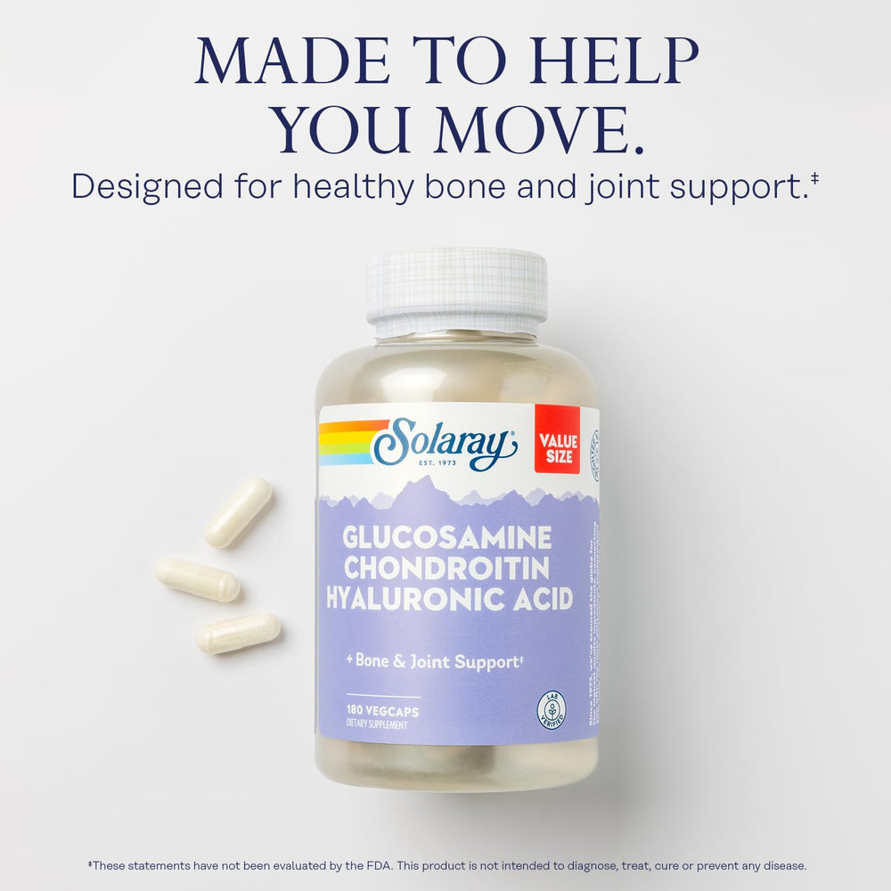 SOLARAY nutrition label highlights hyaluronic acid and vitamin C for absorption.
