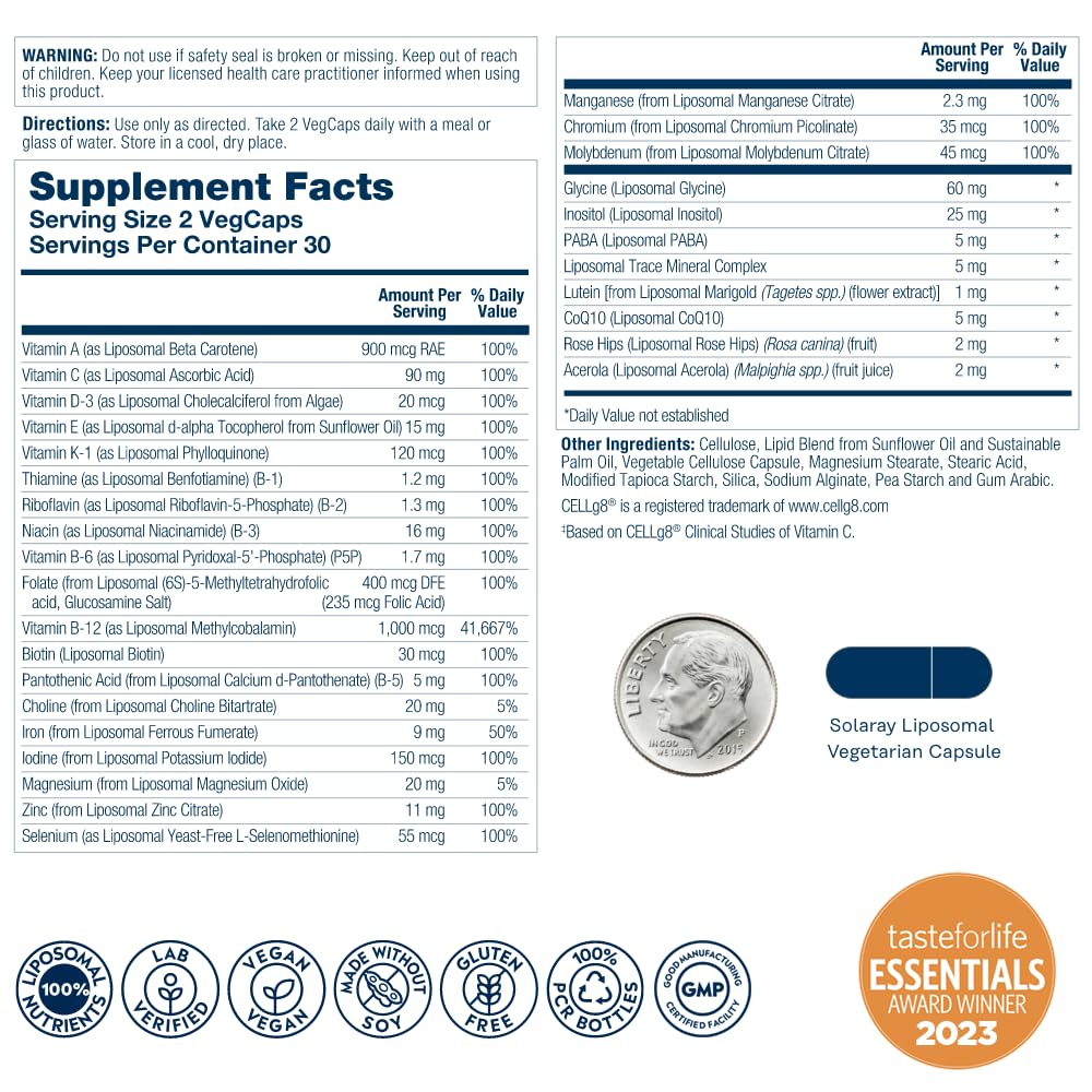 SOLARAY Liposomal Multivitamin label closeup showing high potency vitamins for improved uptake.