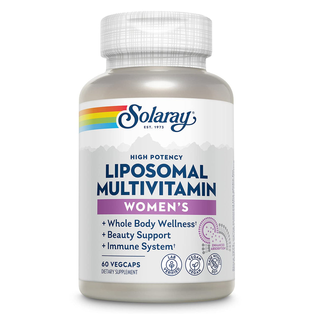 SOLARAY Liposomal Multivitamin for Women bottle highlighting enhanced absorption for daily wellness