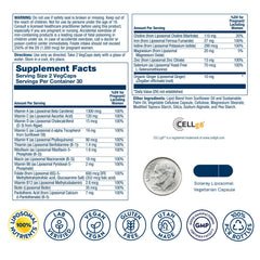 SOLARAY Liposomal Prenatal bottle back label with ingredients and DV information.