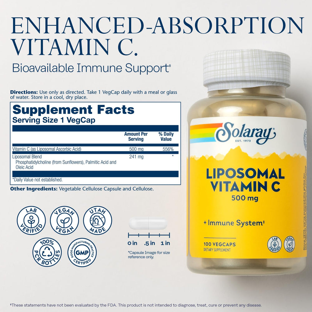 SOLARAY Liposomal Vitamin C 500mg capsules closeup for easy daily intake