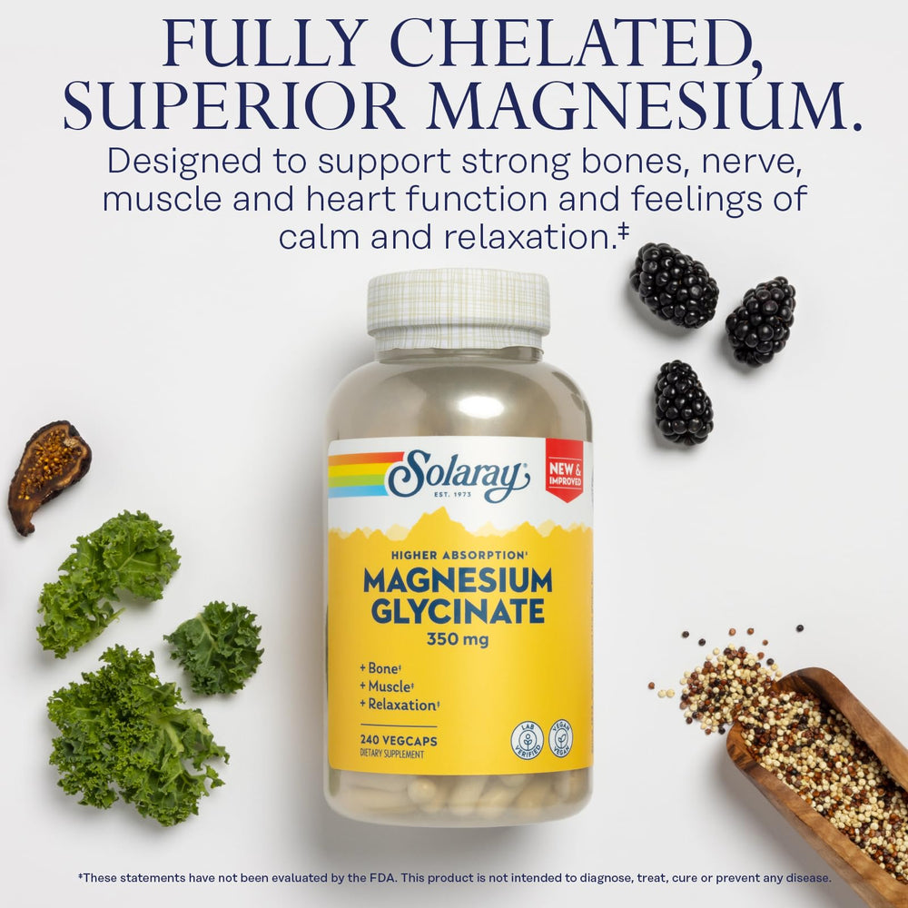 SOLARAY Magnesium Glycinate bottle displays BioPerine badge for potential absorption boost.