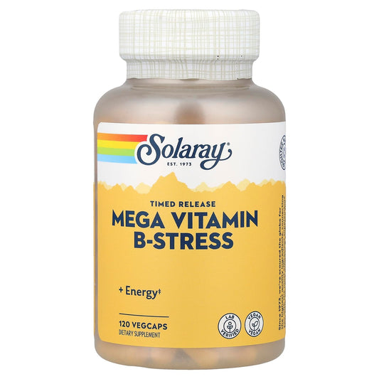 Solaray Mega B Stress bottle front with capsules highlighting two-stage release for daytime support