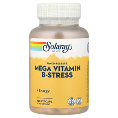 Solaray Mega B Stress bottle front with capsules highlighting two-stage release for daytime support