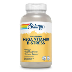 SOLARAY Mega Vitamin B-Stress bottle front showing vegan B-complex for daily energy