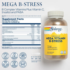 SOLARAY Mega Vitamin B-Stress bottle side highlighting two-stage release for sustained support