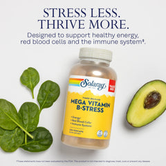 SOLARAY Mega Vitamin B-Stress label detail highlights essential nutrients.