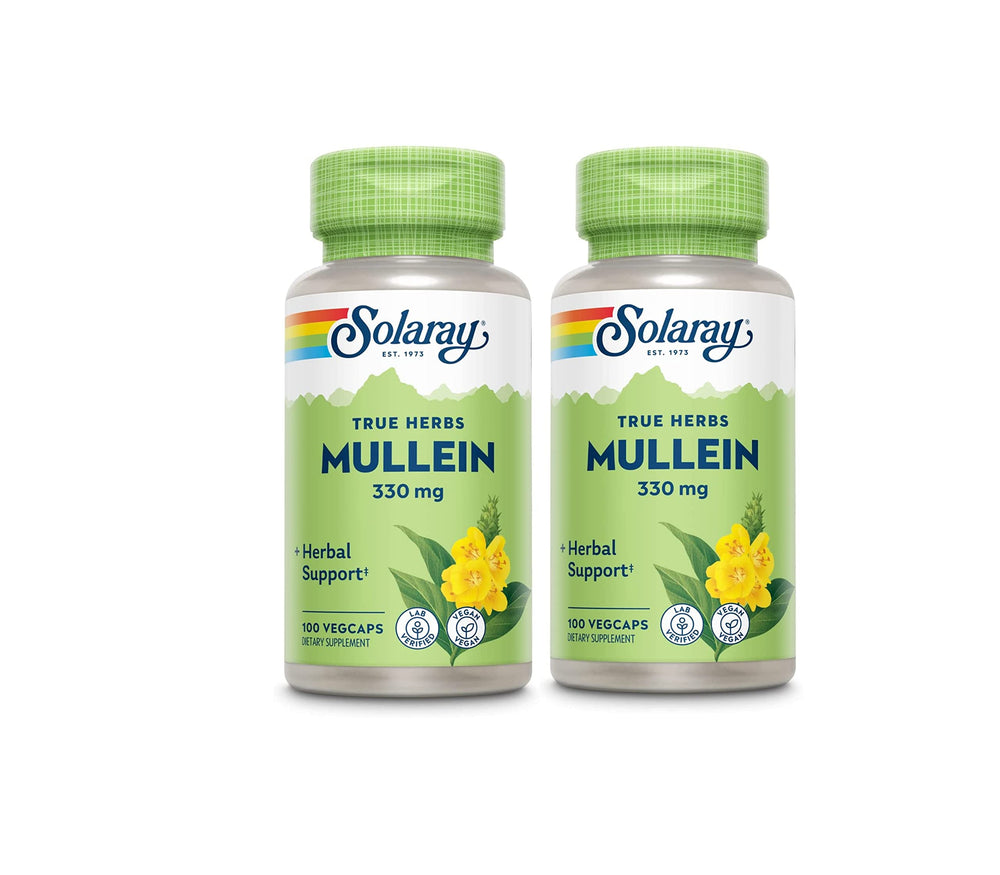 Solaray Mullein Leaf bottle front with capsules, suggesting respiratory support