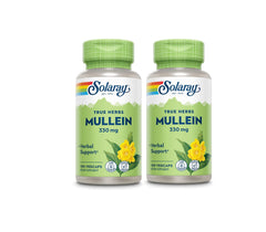 Solaray Mullein Leaf bottle front with capsules, suggesting respiratory support