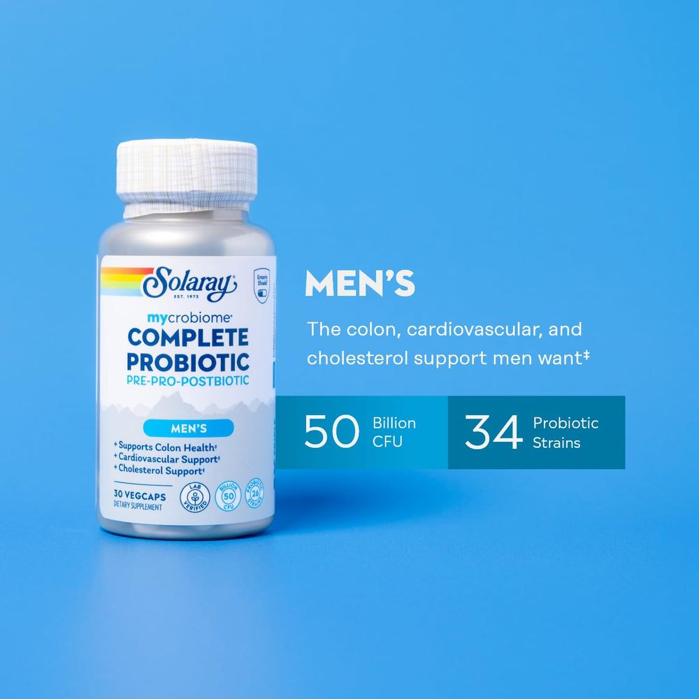 Label of SOLARAY Mycrobiome Complete Probiotic shows 50B CFU and 26 strains.