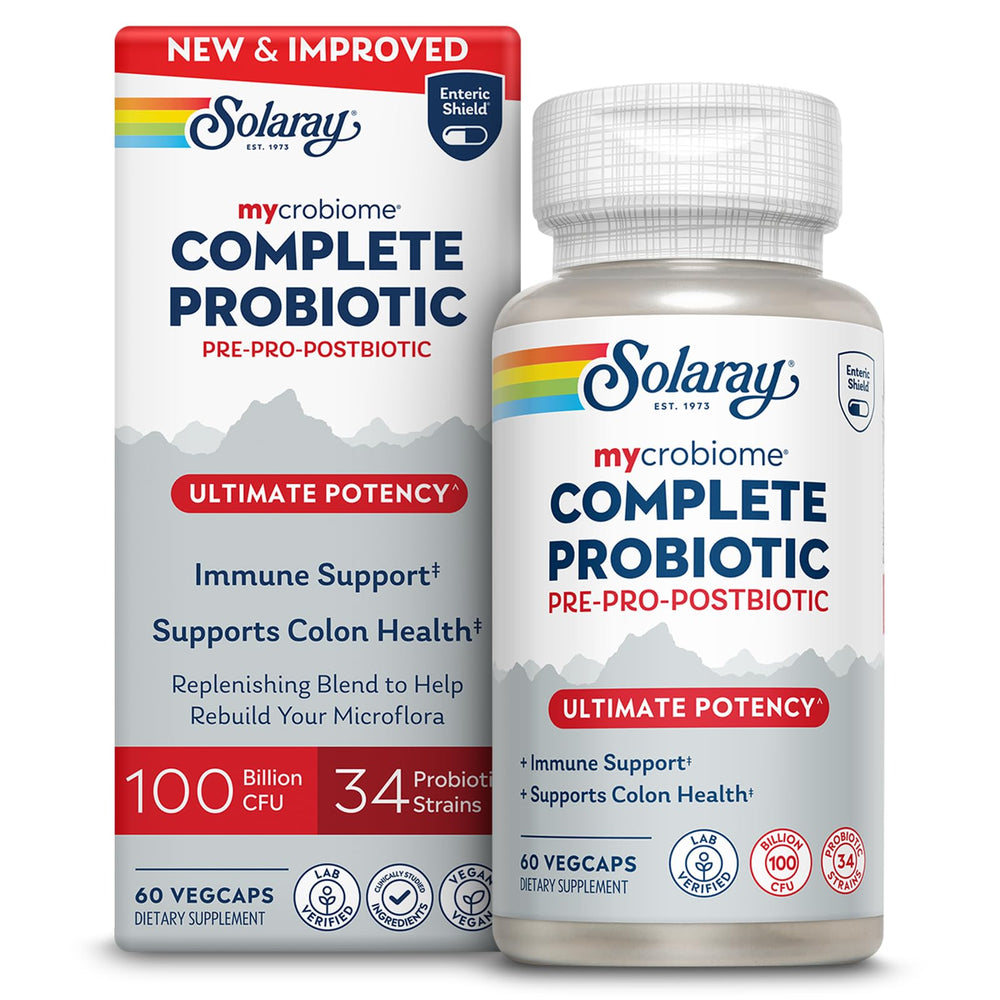 SOLARAY Mycrobiome Complete Probiotic Ultimate Potency bottle supports gut balance.