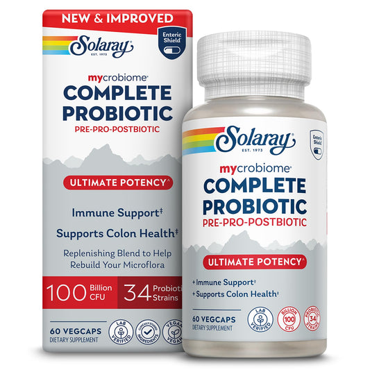 SOLARAY Mycrobiome Complete Probiotic Ultimate Potency bottle supports gut balance.