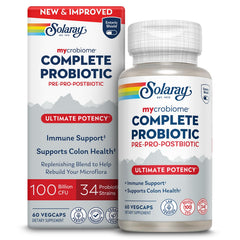 SOLARAY Mycrobiome Complete Probiotic Ultimate Potency bottle supports gut balance.