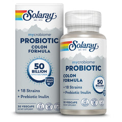 SOLARAY Mycrobiome probiotic colon formula bottle shown for gut support on the go.