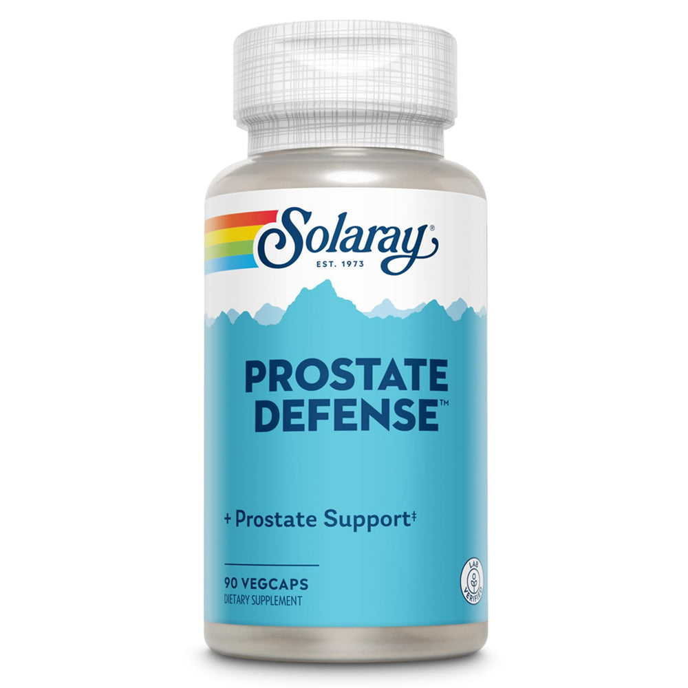 Solaray Prostate Defense bottle front with veg caps for daily use
