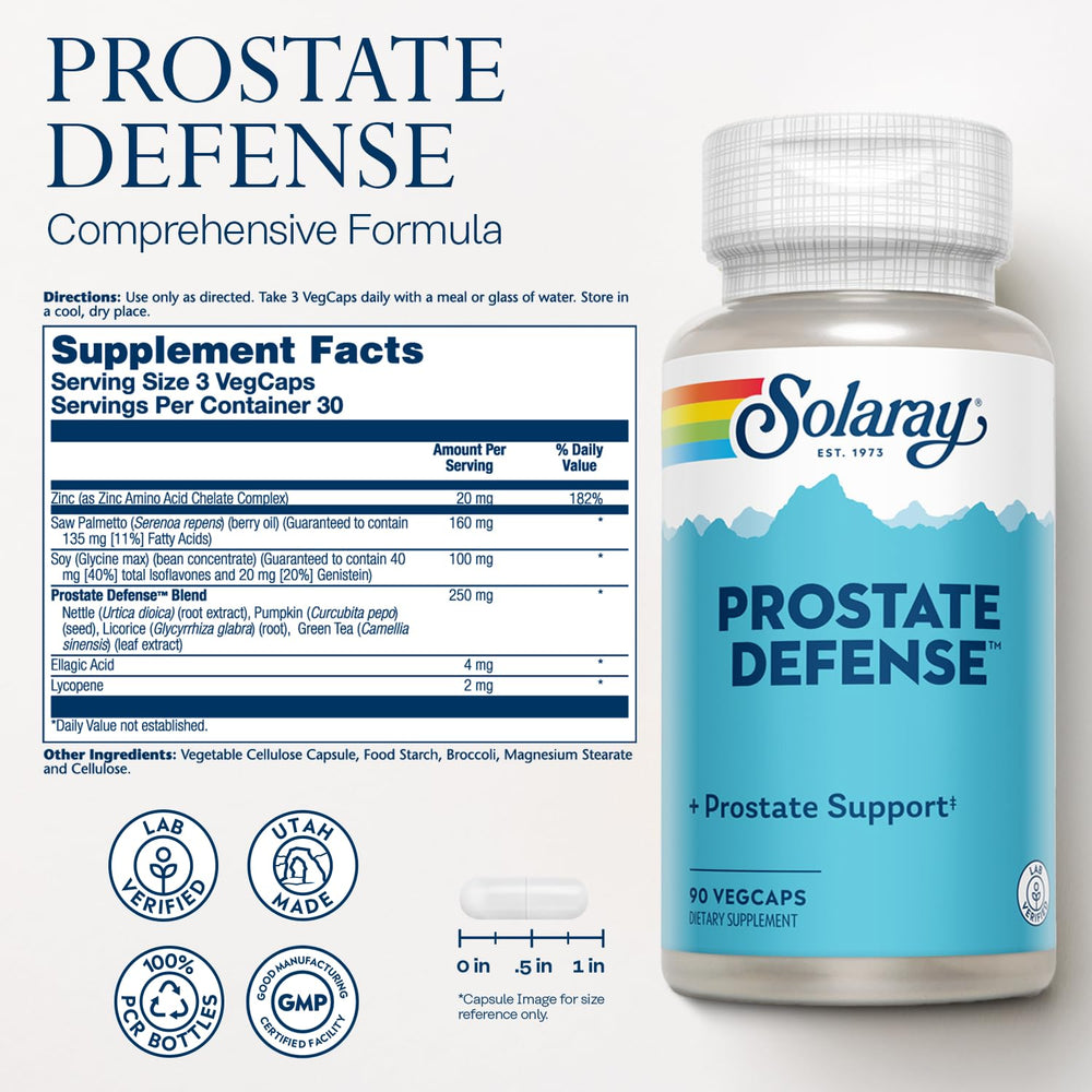 Solaray Prostate Defense capsules close-up showing three-caps daily serving