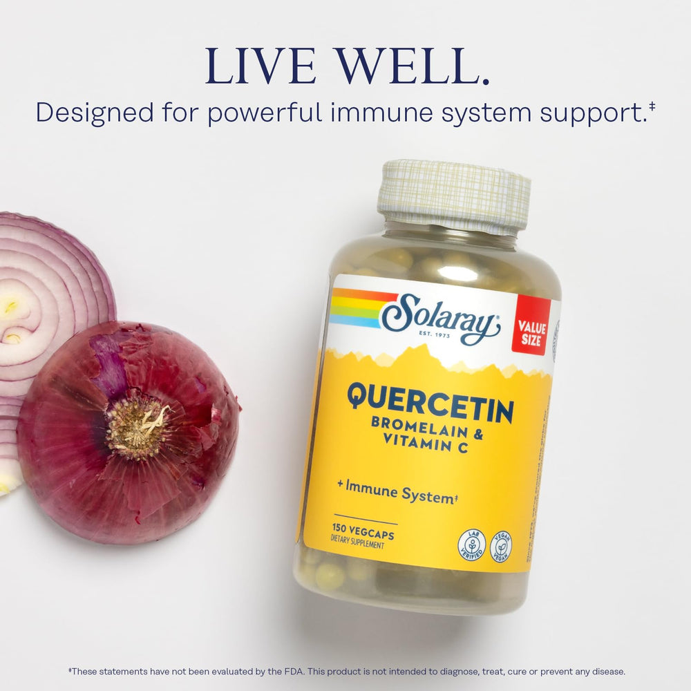 Solaray Quercetin Bromelain Vitamin C pills closeup reveals capsule texture for easy intake.