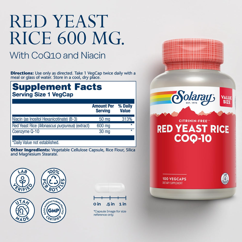 SOLARAY label close-up highlights CoQ10 and flush-free niacin components for balanced nutrition.