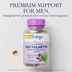 SOLARAY Saw Palmetto advanced formulation label showcases 160 mg per softgel potency.
