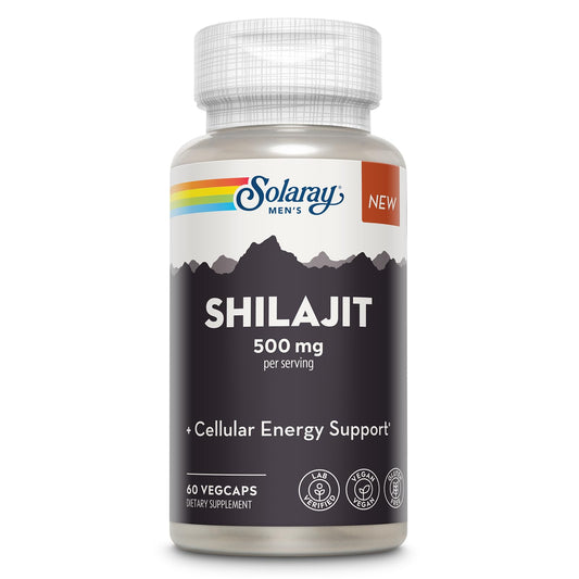 SOLARAY Shilajit 500 mg bottle highlighted for energy support potential