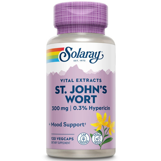 SOLARAY St John's Wort aerial extract bottle front supports a balanced mood and focus.