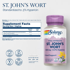 SOLARAY St John's Wort aerial extract bottle label highlights potency and vegan non-GMO quality.