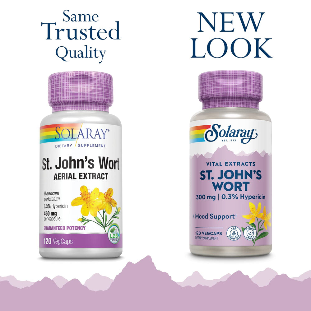 SOLARAY St John's Wort capsules closeup demonstrates 300 mg extract per capsule.