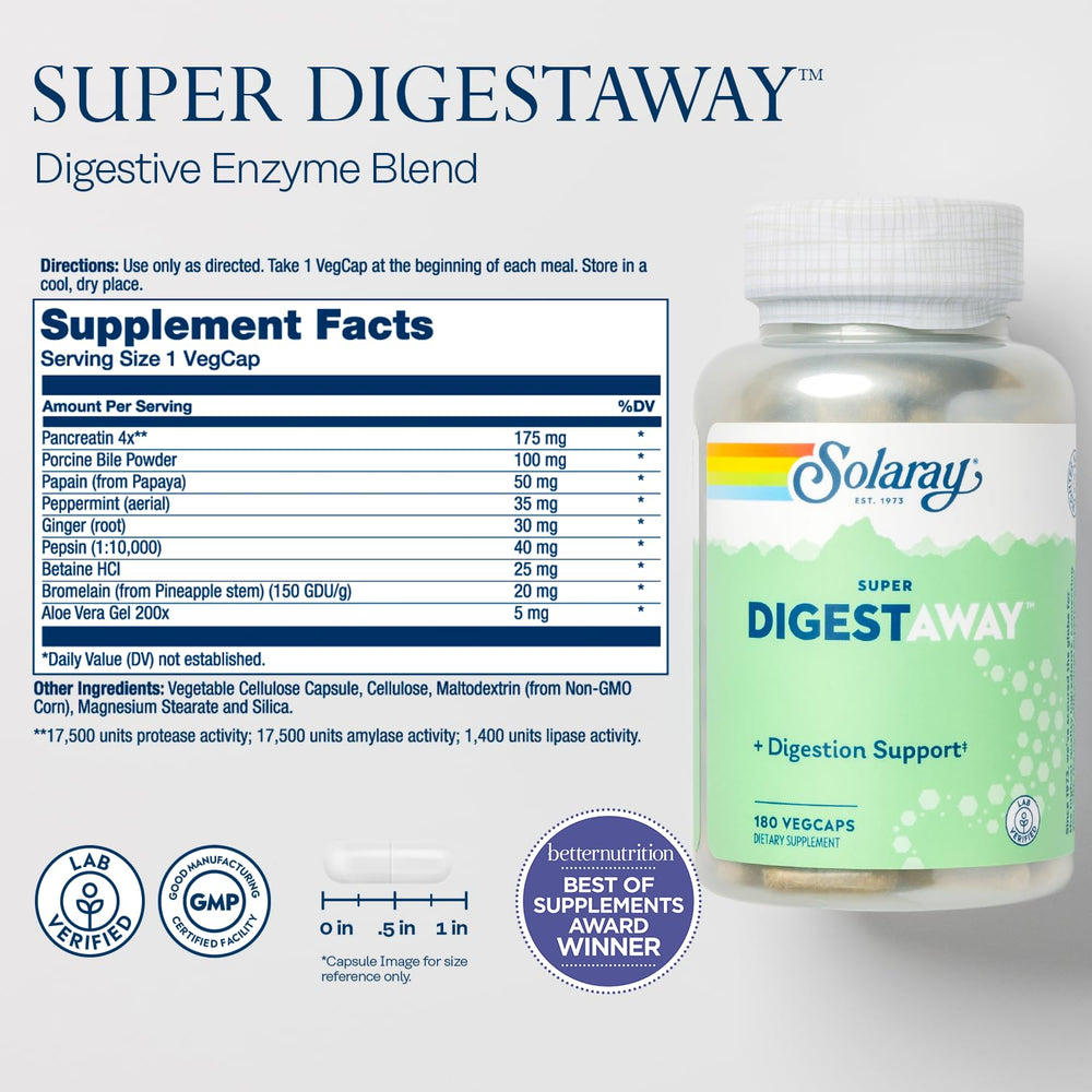 SOLARAY Super Digestaway ingredients label close-up shows Pancreatin and plant enzymes aiding digestion.