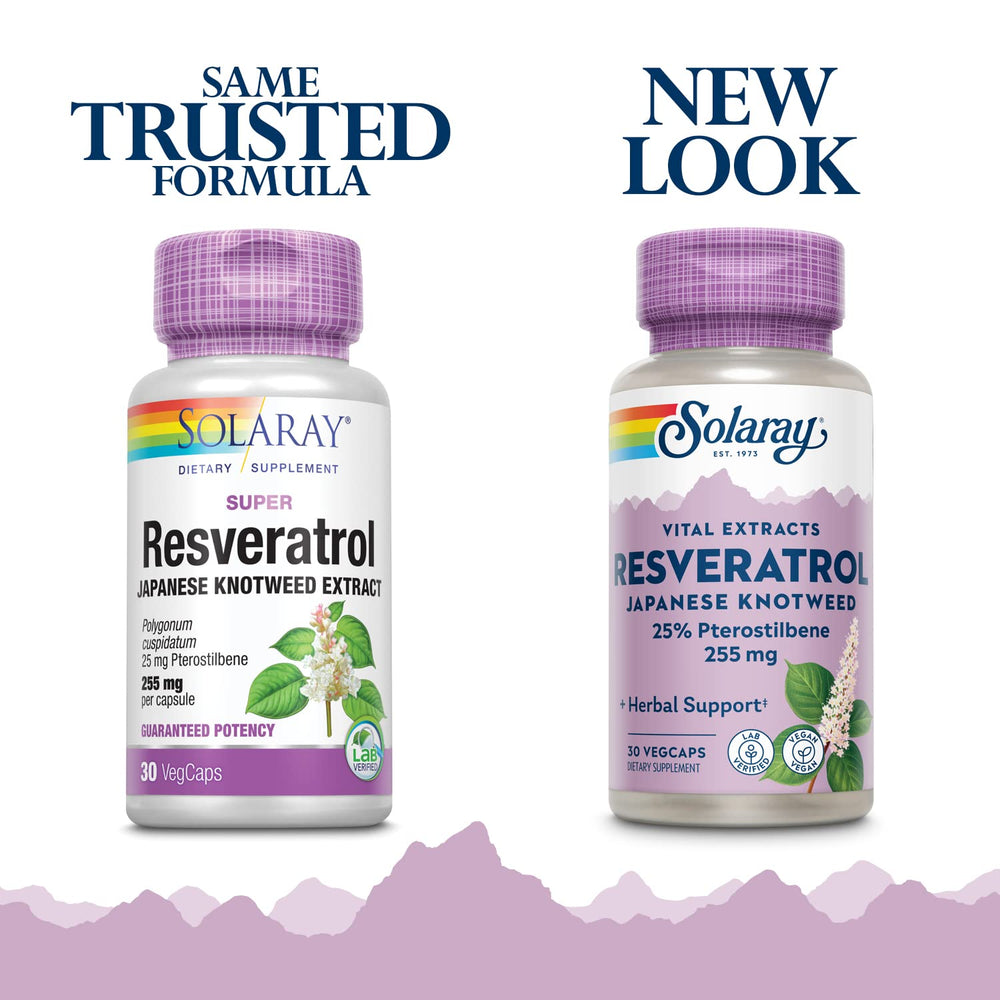 SOLARAY Super Resveratrol bottle label highlights ingredients for daily use