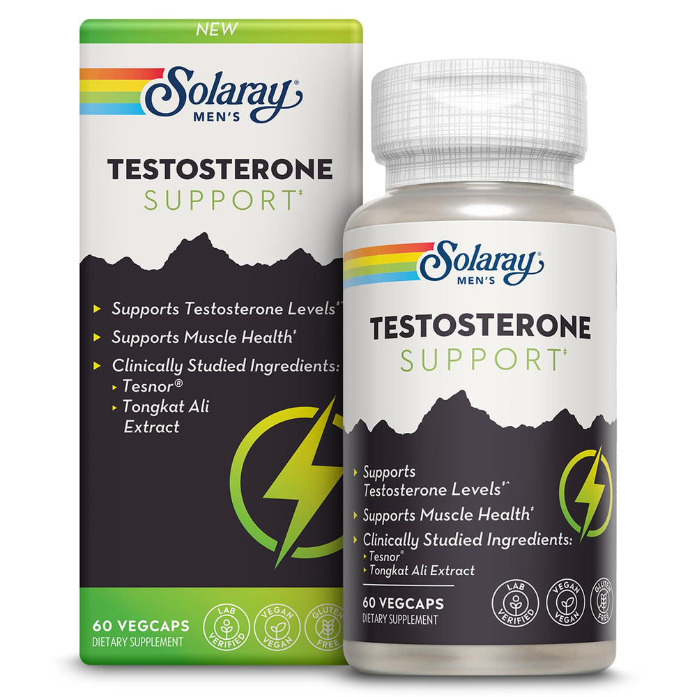 SOLARAY Testosterone Support capsules with Tesnor blend for potential muscle health support.