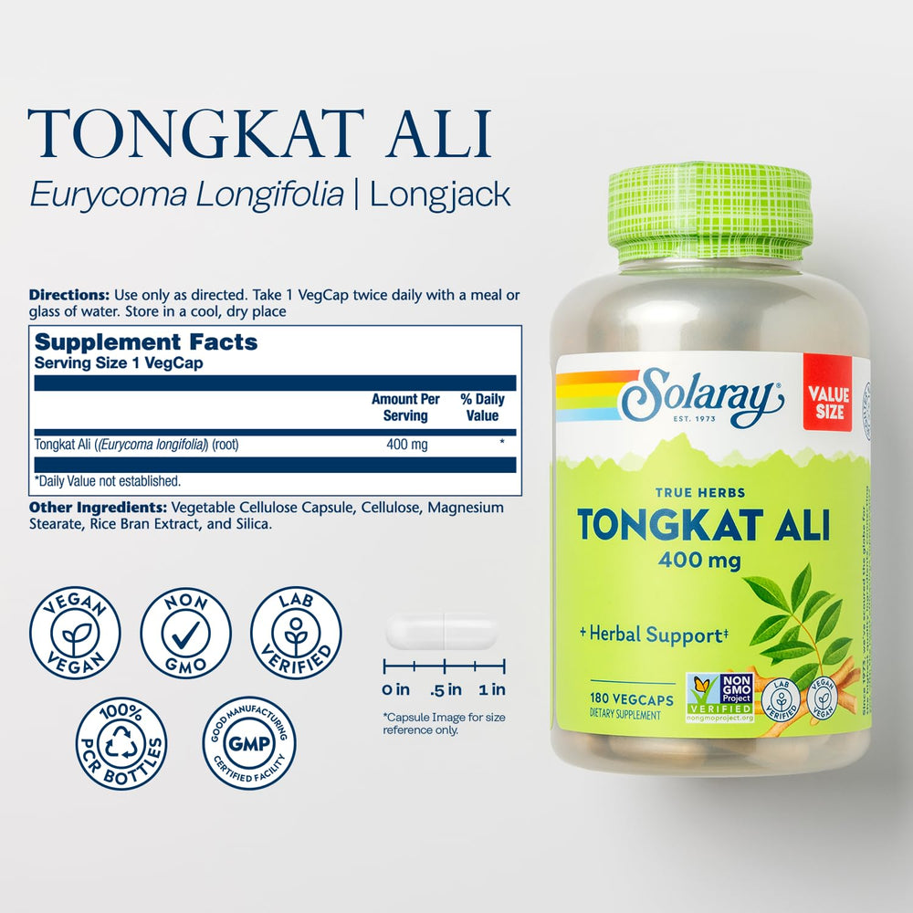 SOLARAY Tongkat Ali, etiqueta clara para dosis y uso seguro