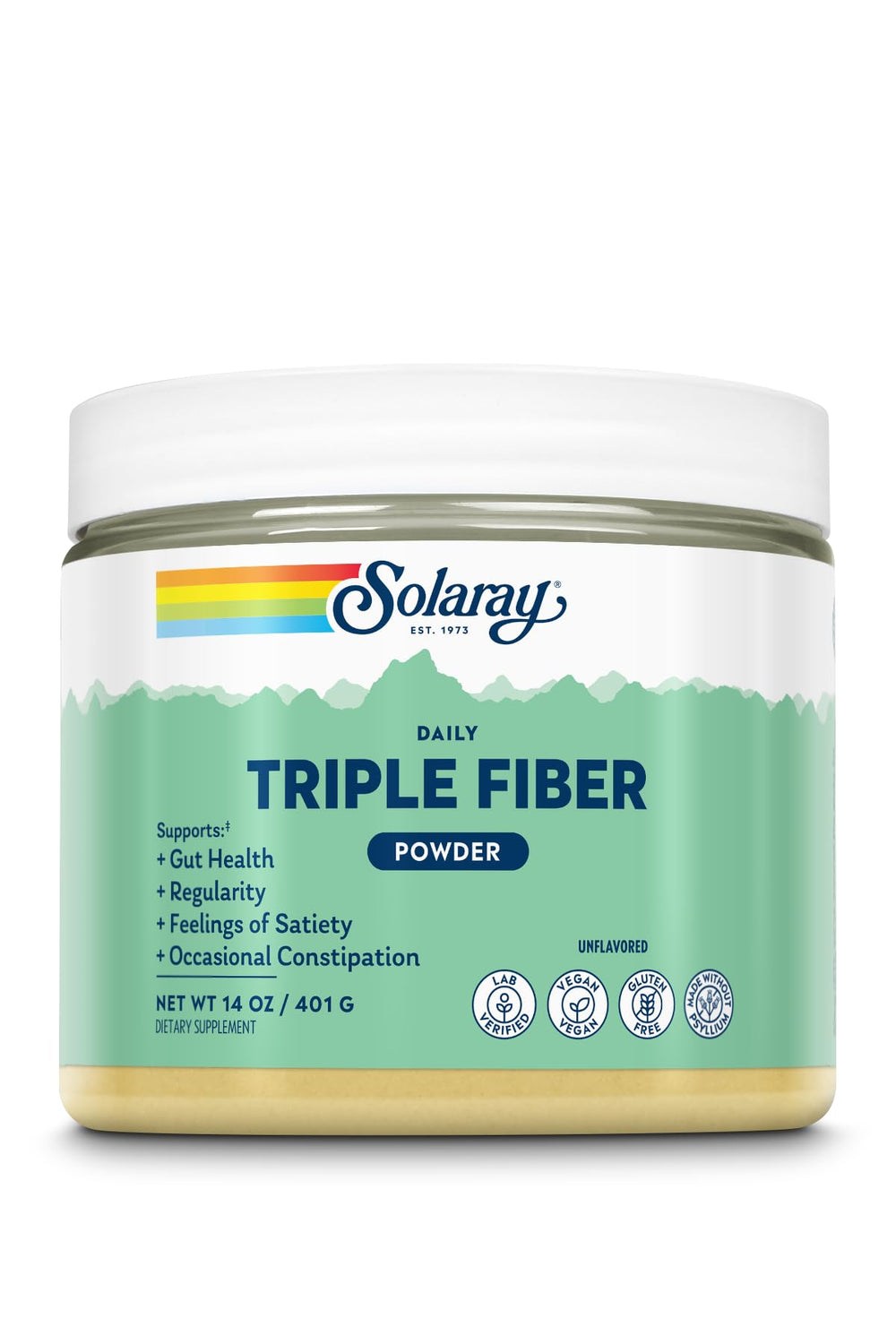SOLARAY Triple Fiber Powder bottle front view for daily gut support.
