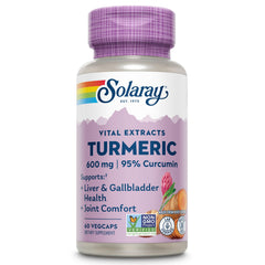 SOLARAY Turmeric 600mg bottle label highlights potency and serving size.