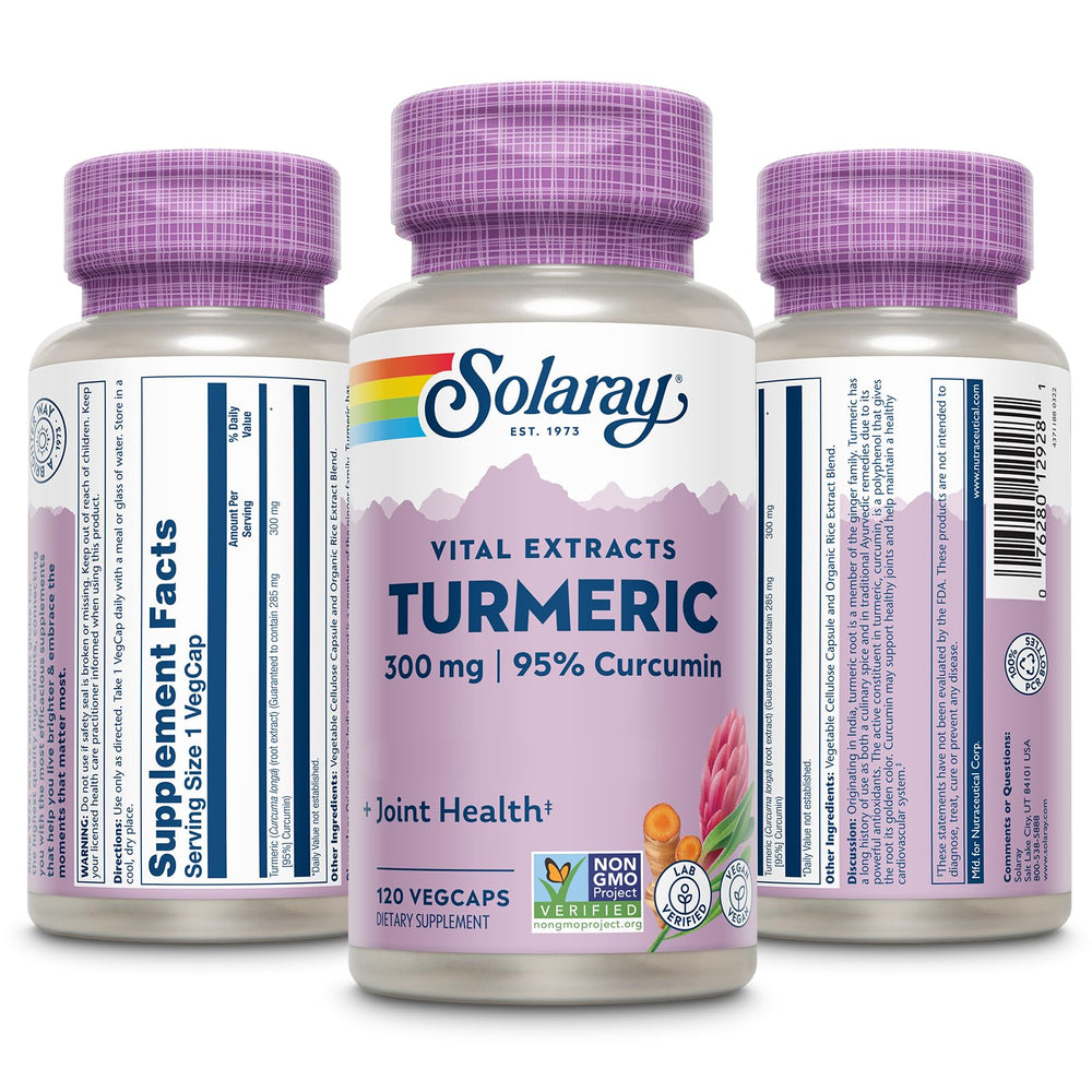 SOLARAY turmeric root extract close-up showing 95% curcumin potency.
