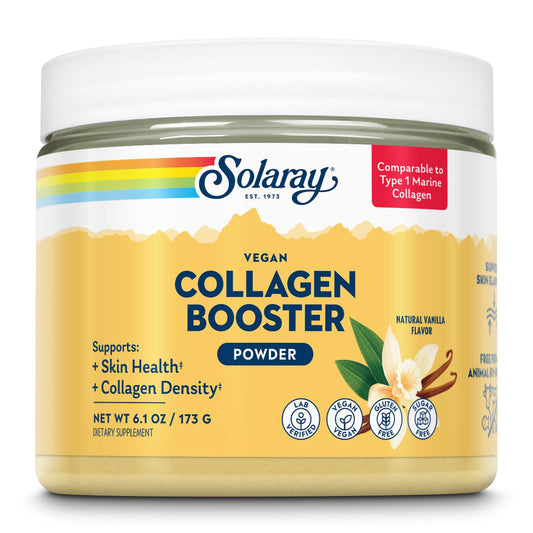 SOLARAY Vegan Collagen Booster vanilla powder enhances daily skincare with a creamy, plant-based mix.