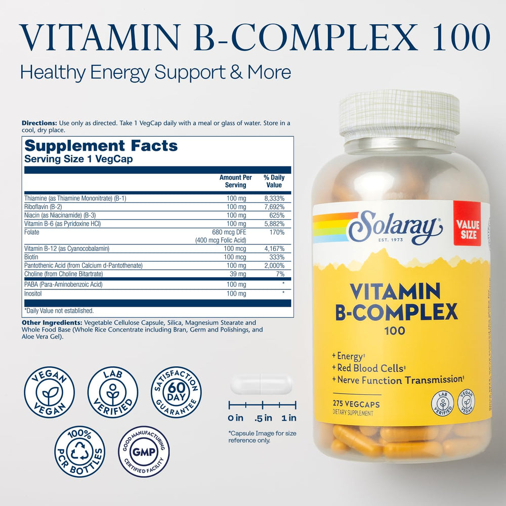 SOLARAY Vitamin B Complex 100mg bottle closeup highlights the nutrient-rich formula for energy and immunity.