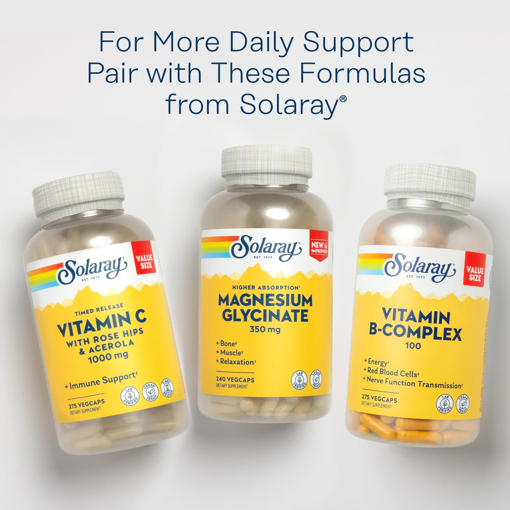SOLARAY Vitamin B Complex vegan formulation label shows plant-based source and purity.