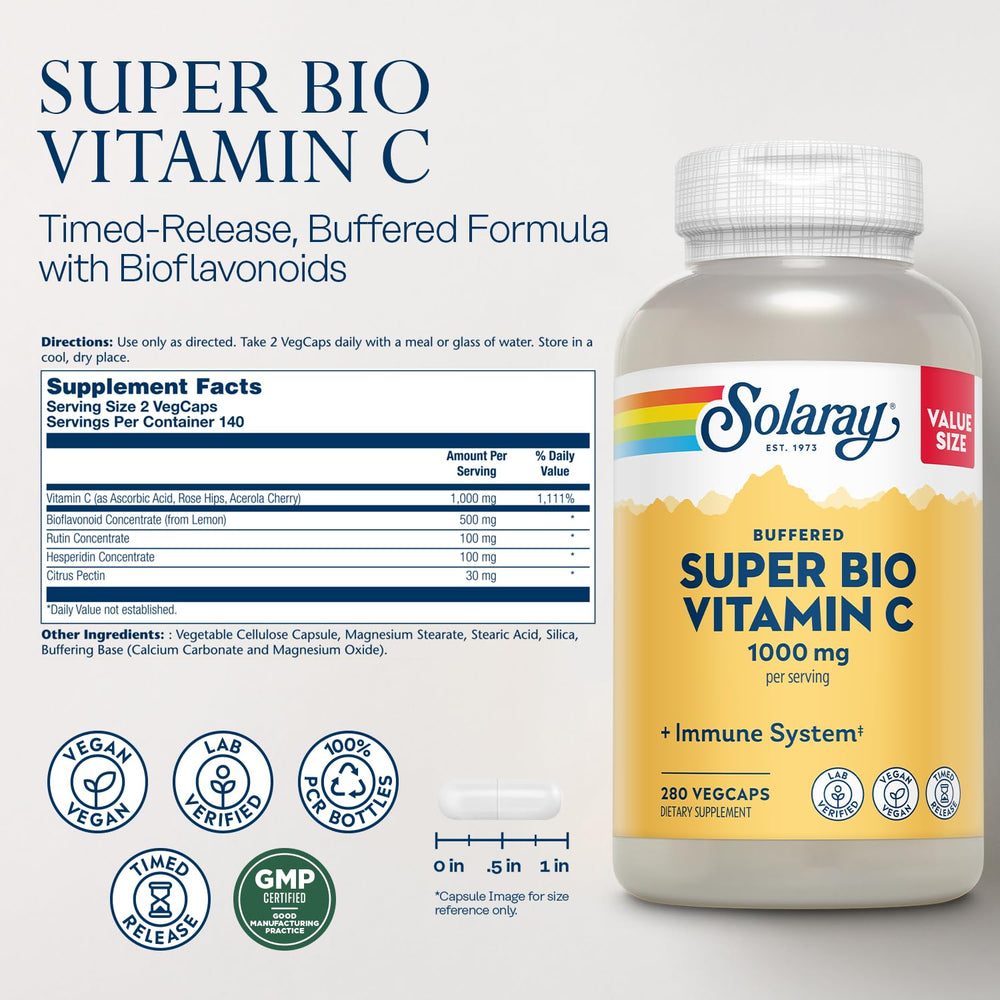 SOLARAY Vitamin C 1000mg capsules close-up highlights potency for everyday immune support.