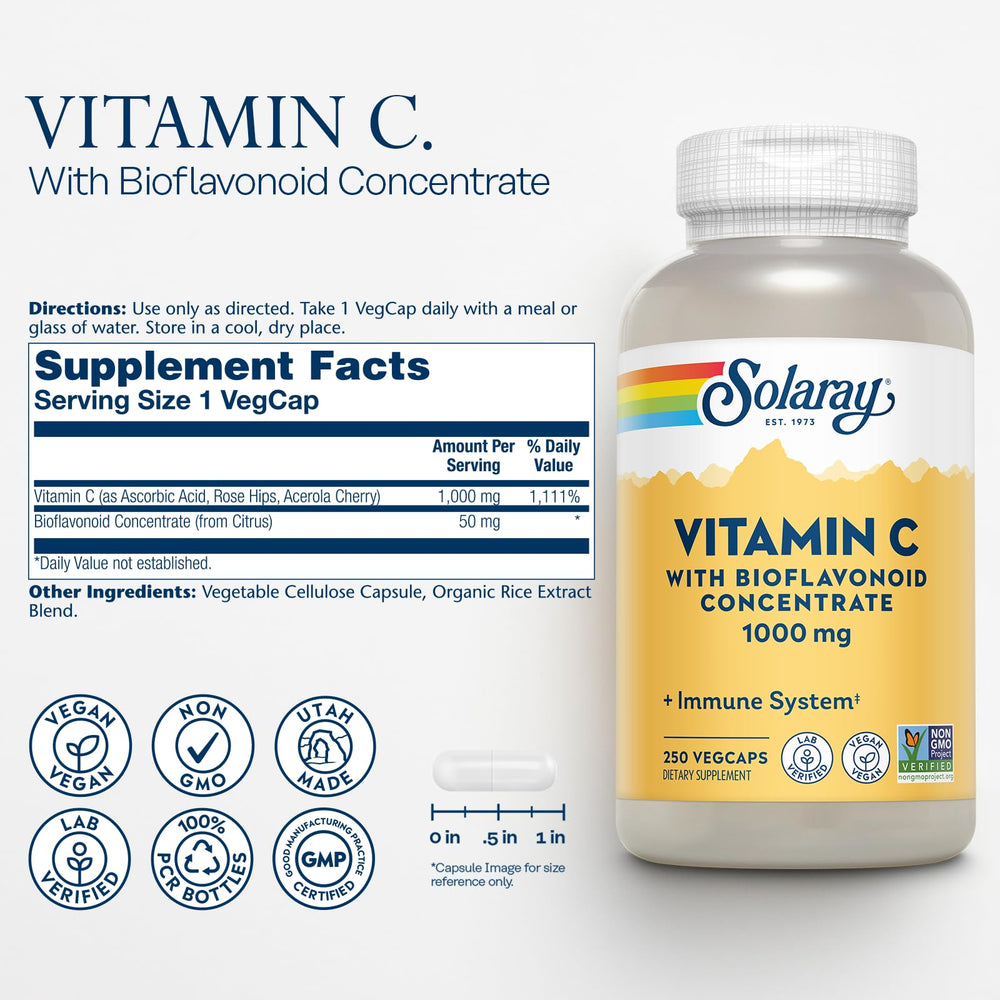 Solaray Vitamin C capsules with rose hips and acerola demonstrate natural blend.