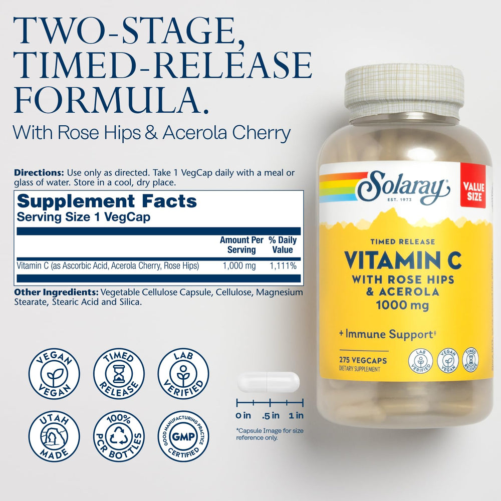 SOLARAY Vitamin C capsules with rose hips and acerola in bottle image for flavonoid balance.