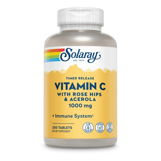 SOLARAY Vitamin C bottle with rose hips and acerola for immune support.
