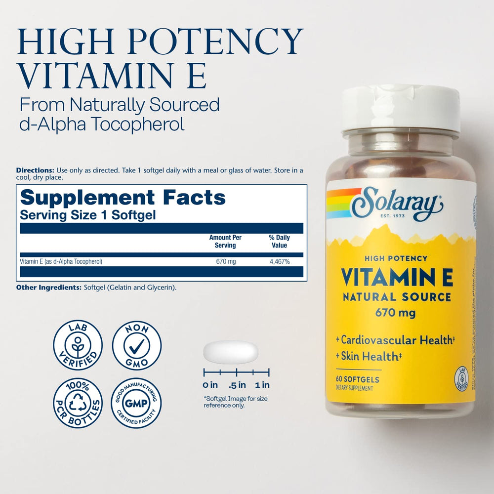 SOLARAY Vitamin E softgel capsules closeup showing natural d-alpha-tocopherol for antioxidant support.