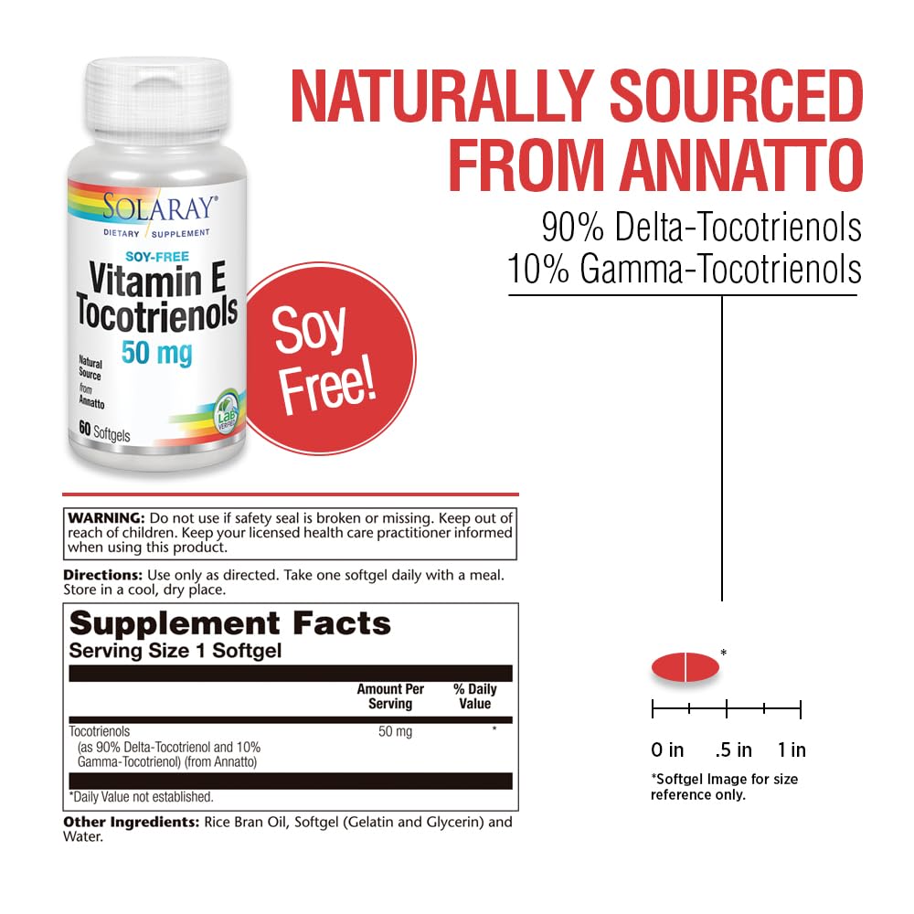SOLARAY Tocotrienols capsules close-up showing 50 mg potency
